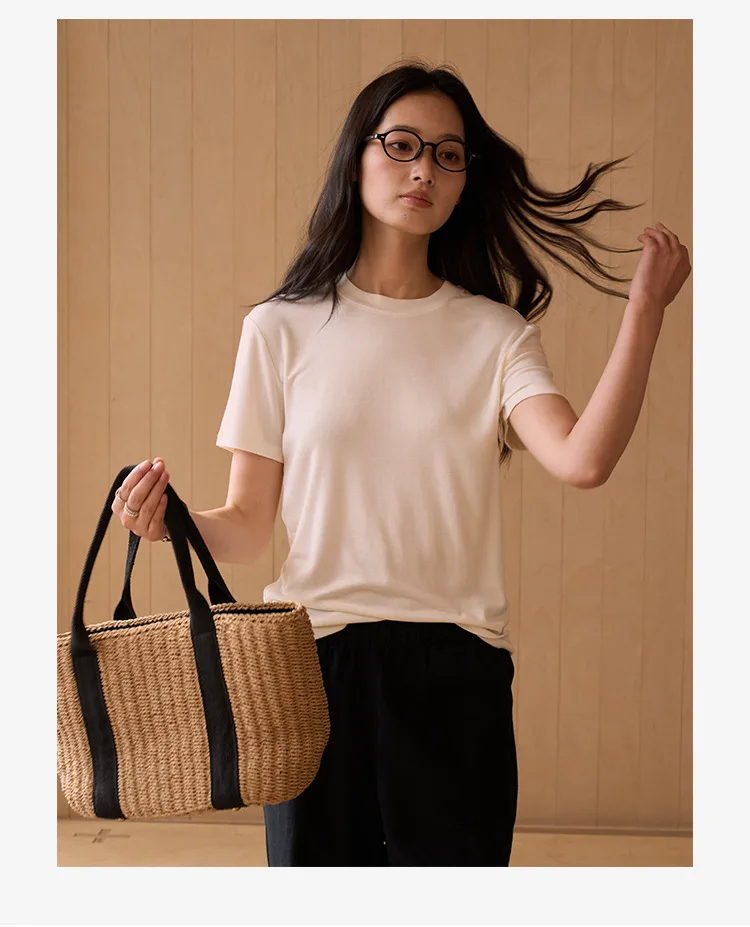 Silk Short Sleeve Women's Summer Round Neck Wool Outerwear T-shirt Slim Fit Base Shirt