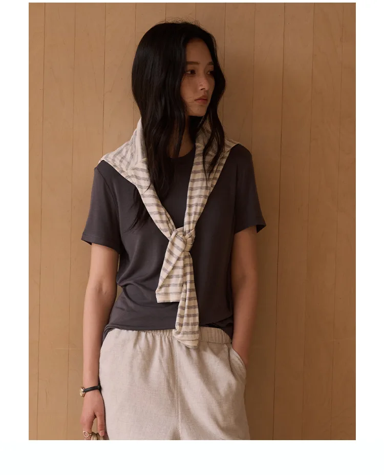 Silk Short Sleeve Women's Summer Round Neck Wool Outerwear T-shirt Slim Fit Base Shirt