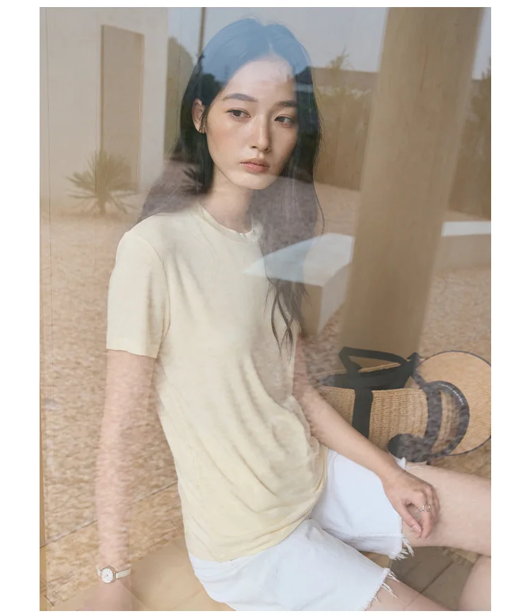 Silk Short Sleeve Women's Summer Round Neck Wool Outerwear T-shirt Slim Fit Base Shirt