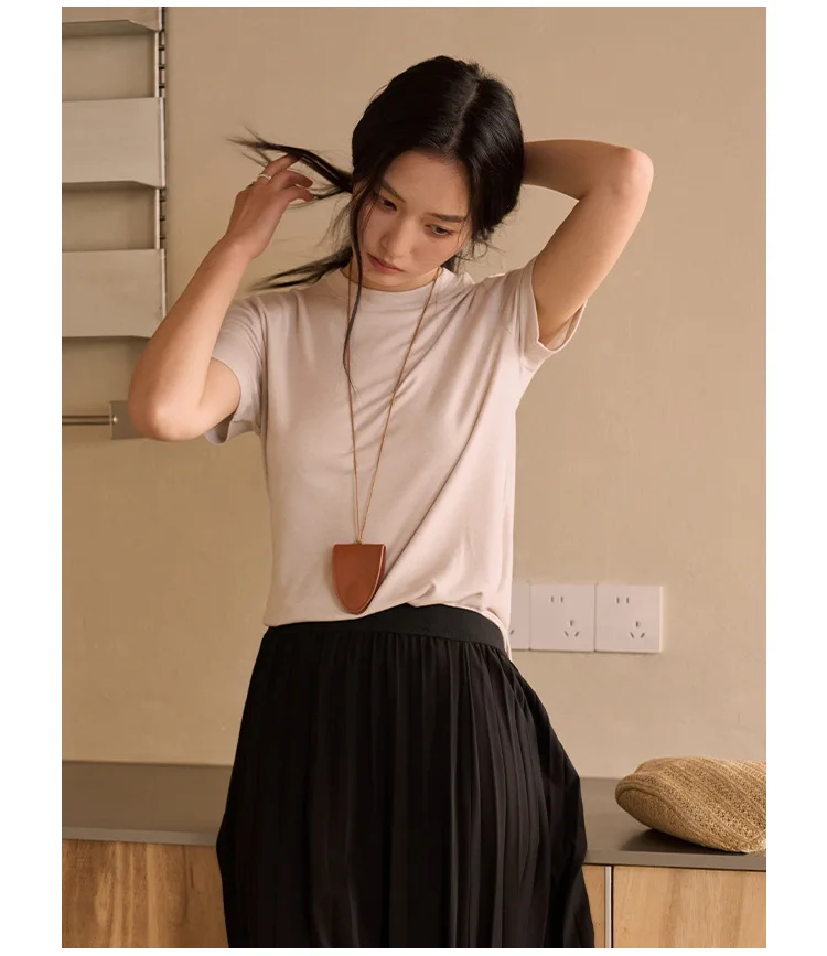 Silk Short Sleeve Women's Summer Round Neck Wool Outerwear T-shirt Slim Fit Base Shirt