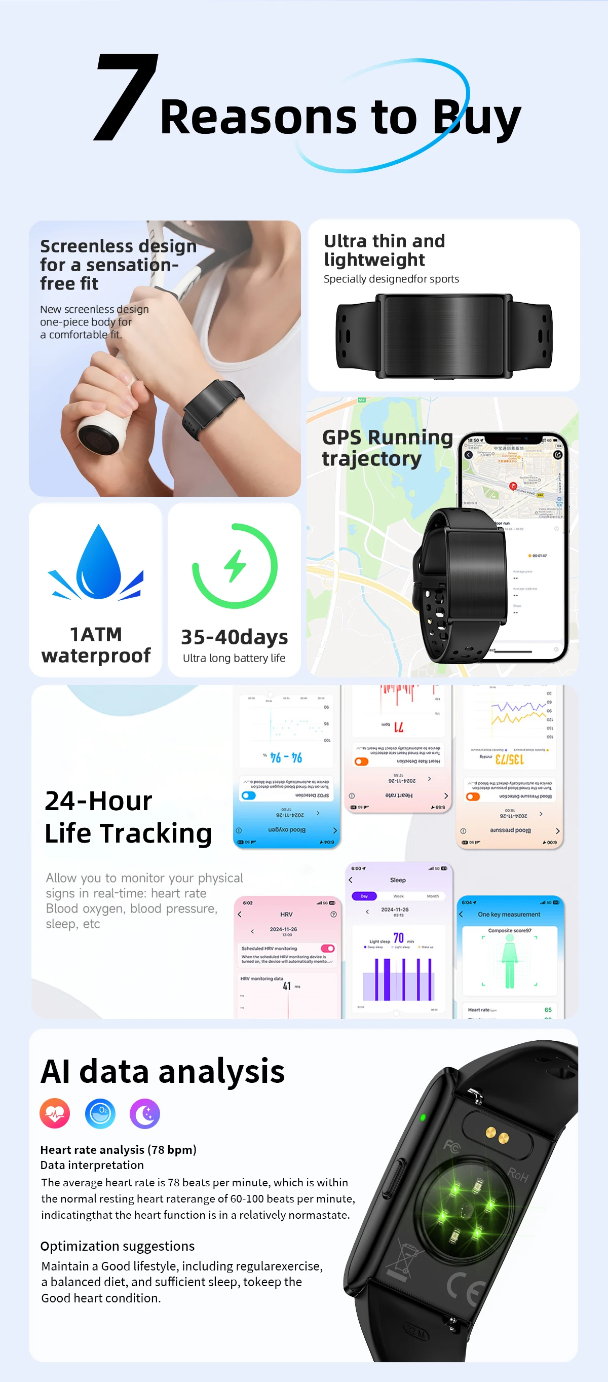 LIGE NO Screen Smart Wristbands With Heart Rate Sleep AI Health Monitor Report Smart Bracelet Incoming Call Notification Watches