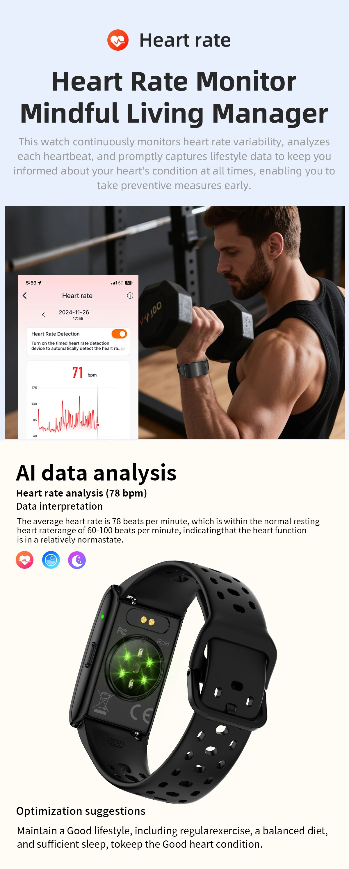 LIGE NO Screen Smart Wristbands With Heart Rate Sleep AI Health Monitor Report Smart Bracelet Incoming Call Notification Watches