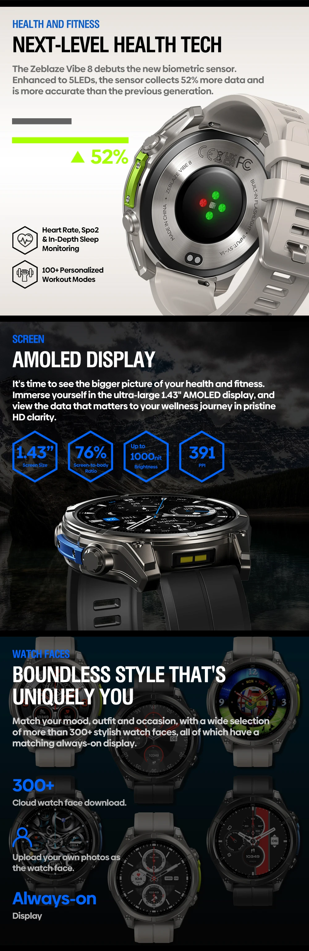NEW 2025 Zeblaze VIBE 8 Voice Calling 1.43" AMOLED Display Smart Watch Built-in Flashlight Heart Rate Blood Pressure Smart Watch