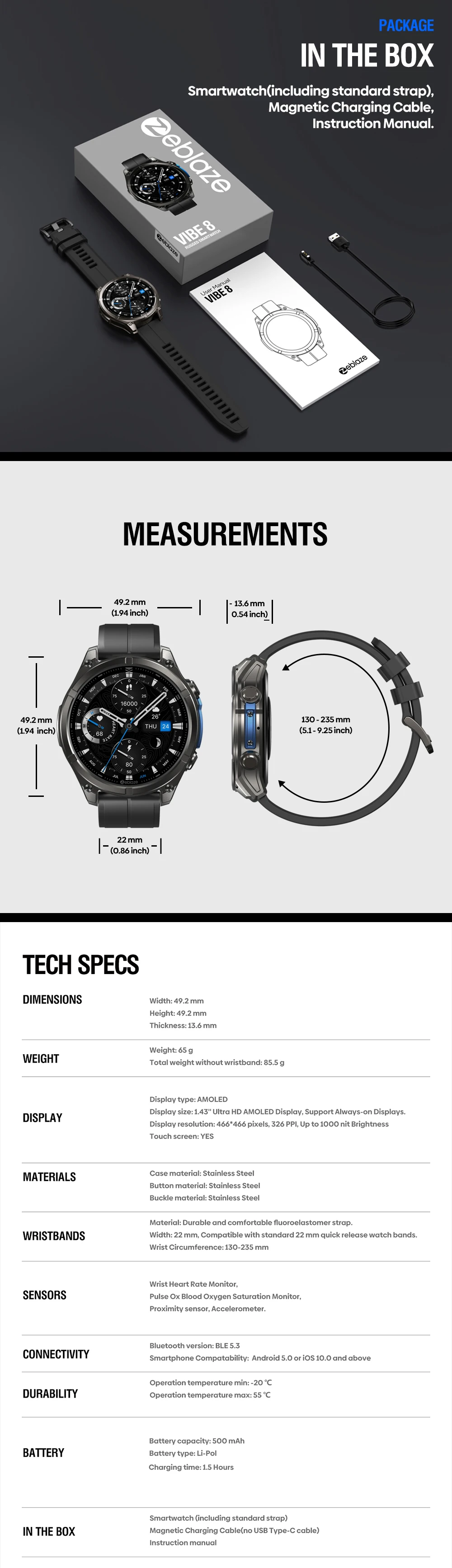 NEW 2025 Zeblaze VIBE 8 Voice Calling 1.43" AMOLED Display Smart Watch Built-in Flashlight Heart Rate Blood Pressure Smart Watch