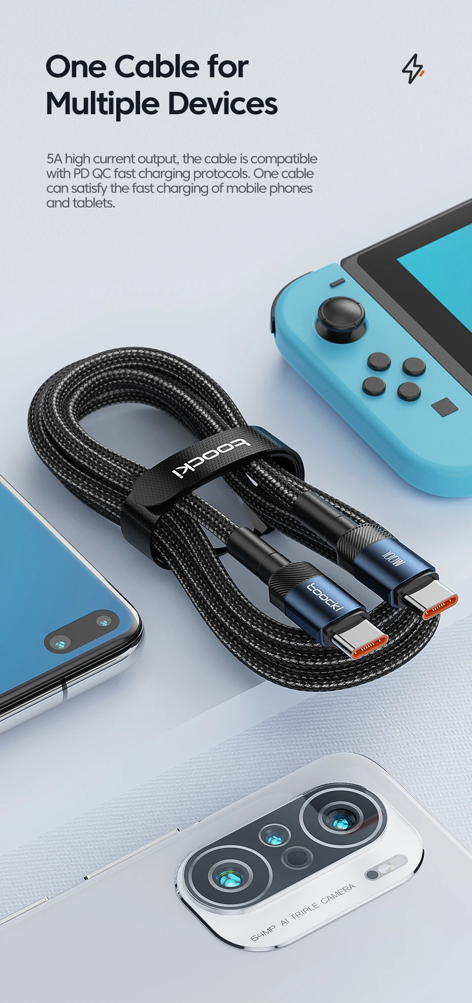 Toocki 100W USB C To Type C Cable PD3.0 Fast Charging Charger Cable Data Cord For Macbook Huawei Xiaomi POCO Samsung USB-C Cable