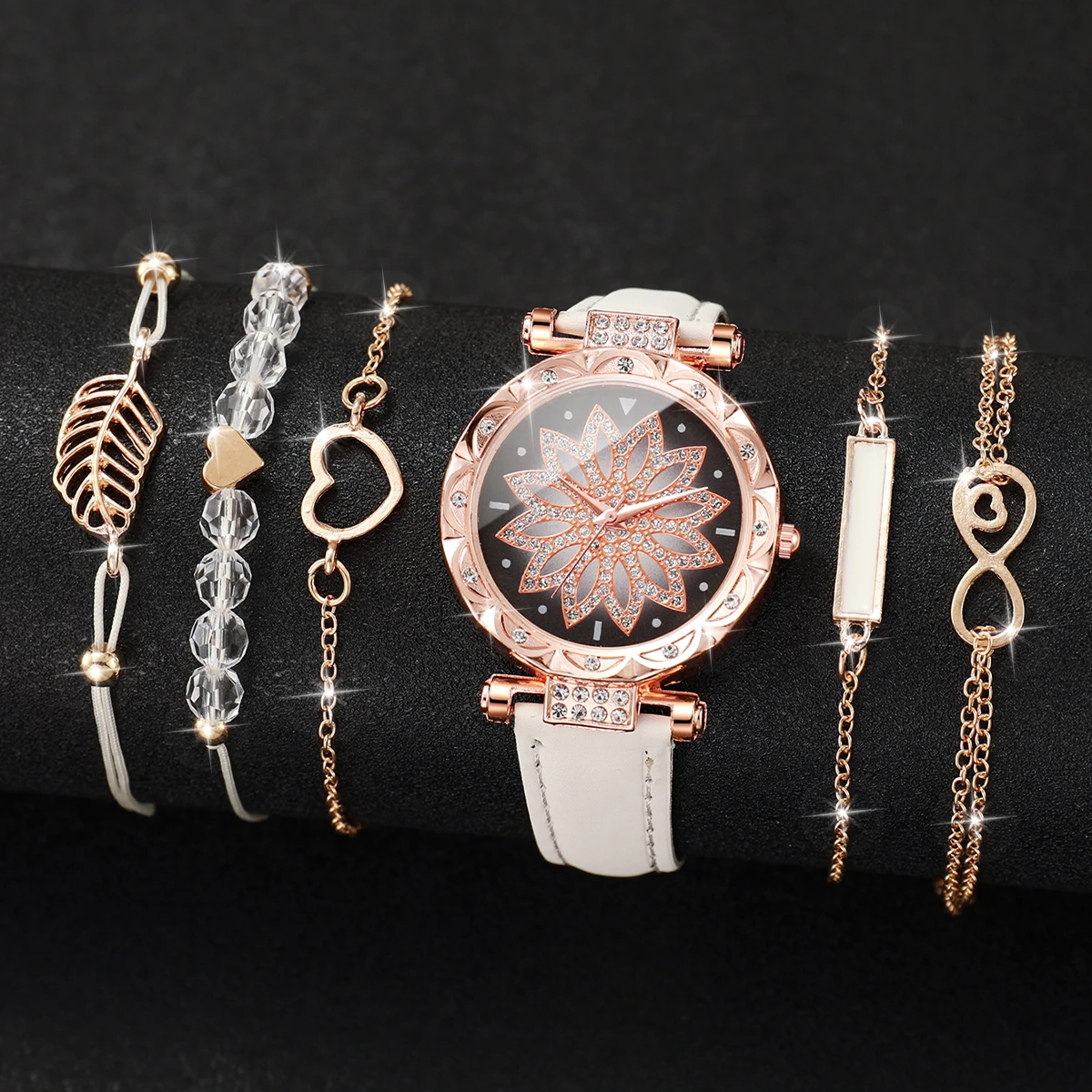 6PCS/Set Fashion Heart Dial Women's Watch Casual Leather Band Analog Quartz Watch Leaf Bracelets Set(Without Box)
