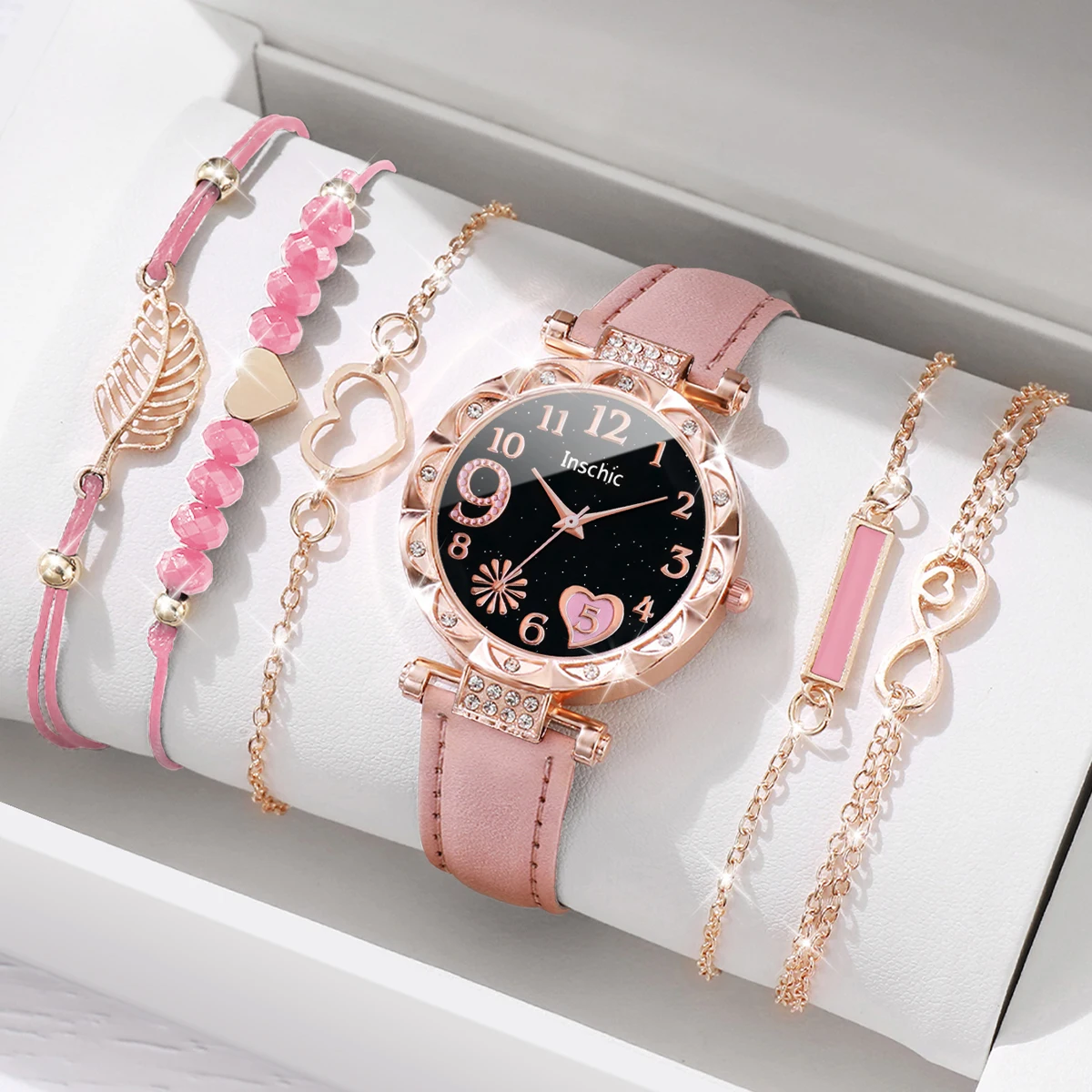 6PCS/Set Fashion Heart Dial Women's Watch Casual Leather Band Analog Quartz Watch Leaf Bracelets Set(Without Box)