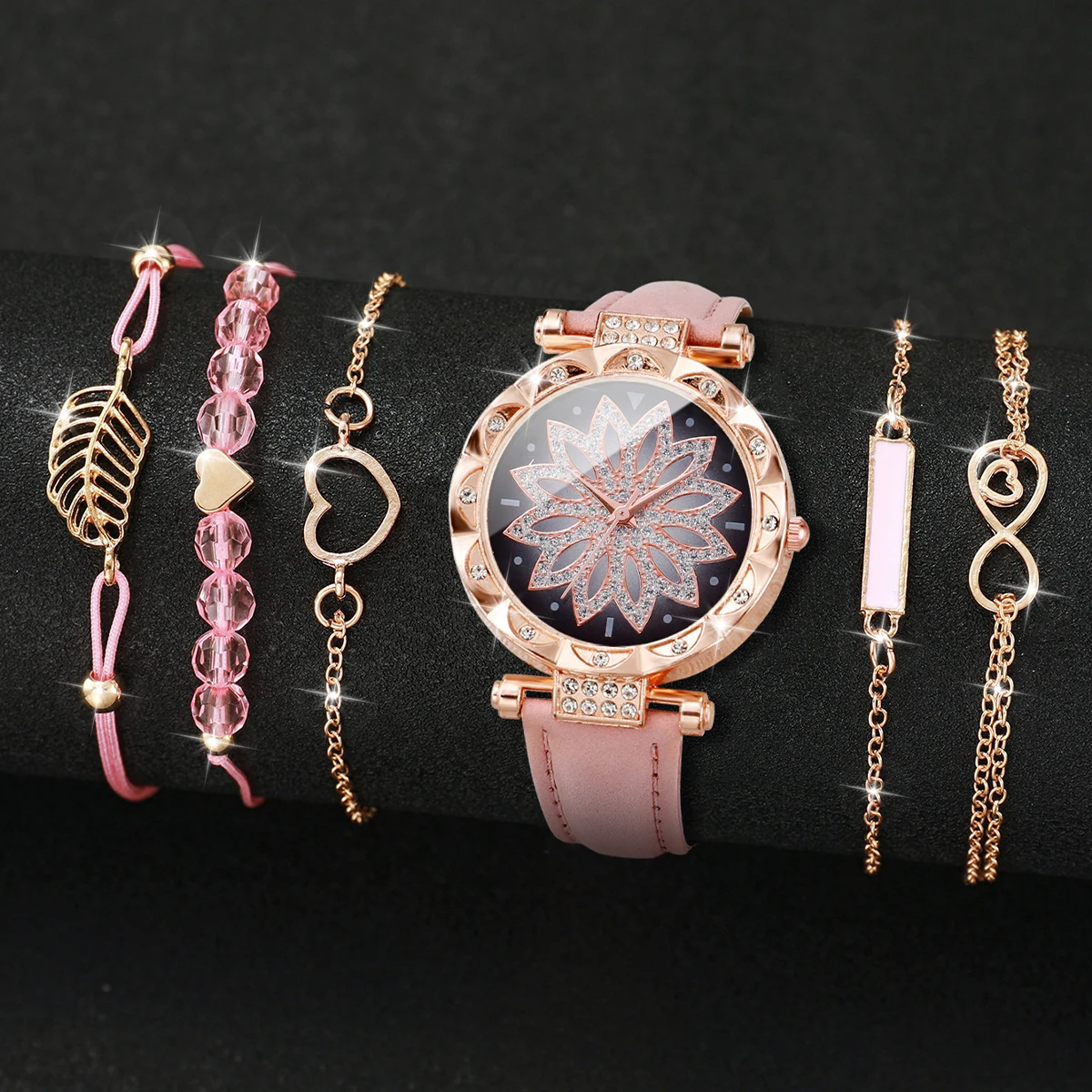 6PCS/Set Fashion Heart Dial Women's Watch Casual Leather Band Analog Quartz Watch Leaf Bracelets Set(Without Box)