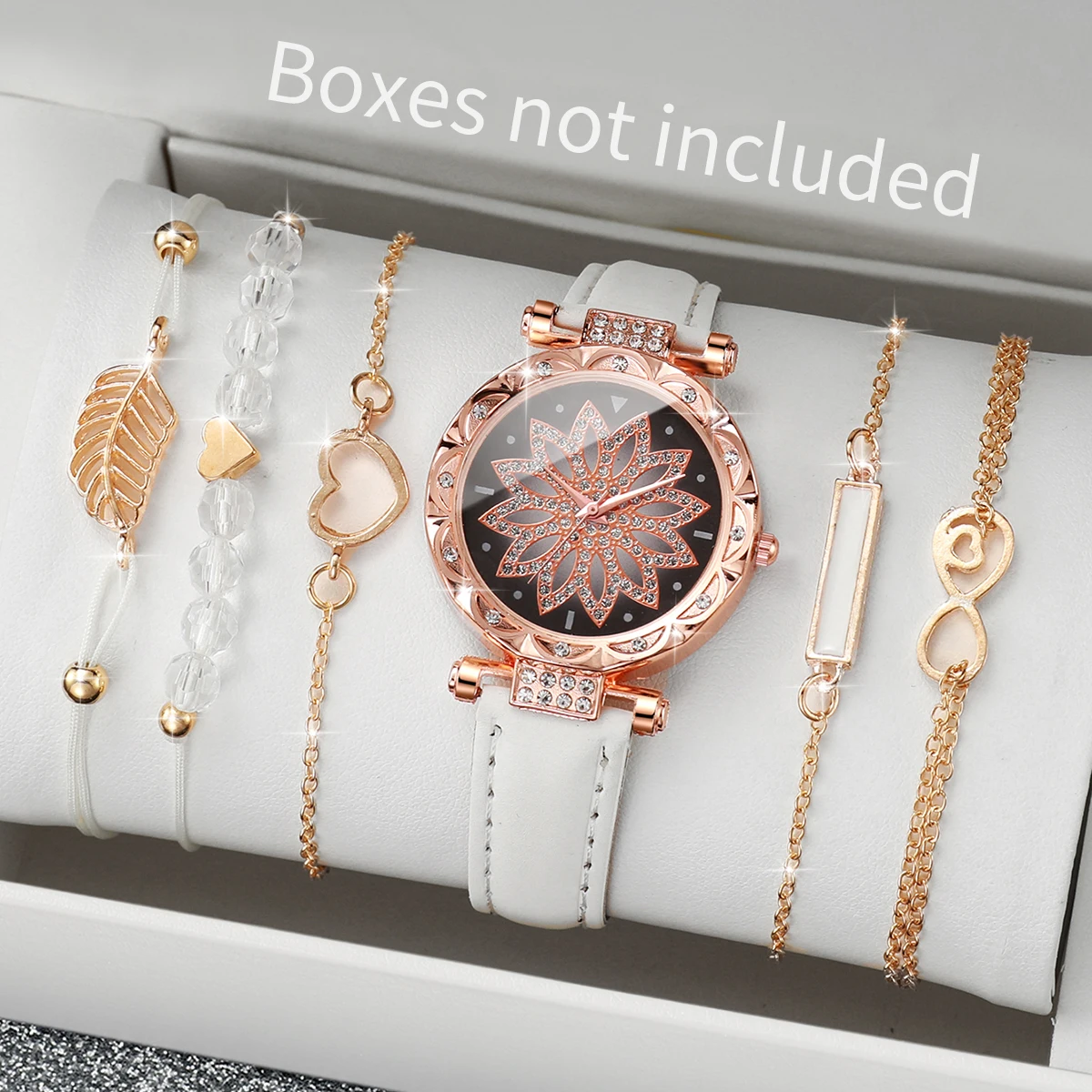 6PCS/Set Fashion Heart Dial Women's Watch Casual Leather Band Analog Quartz Watch Leaf Bracelets Set(Without Box)