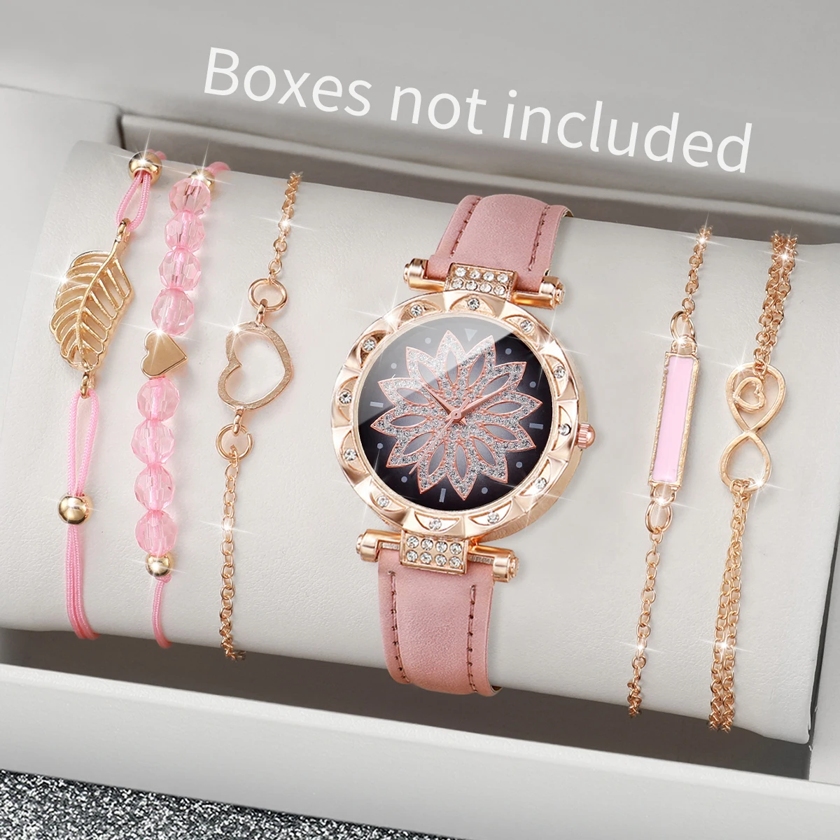 6PCS/Set Fashion Heart Dial Women's Watch Casual Leather Band Analog Quartz Watch Leaf Bracelets Set(Without Box)