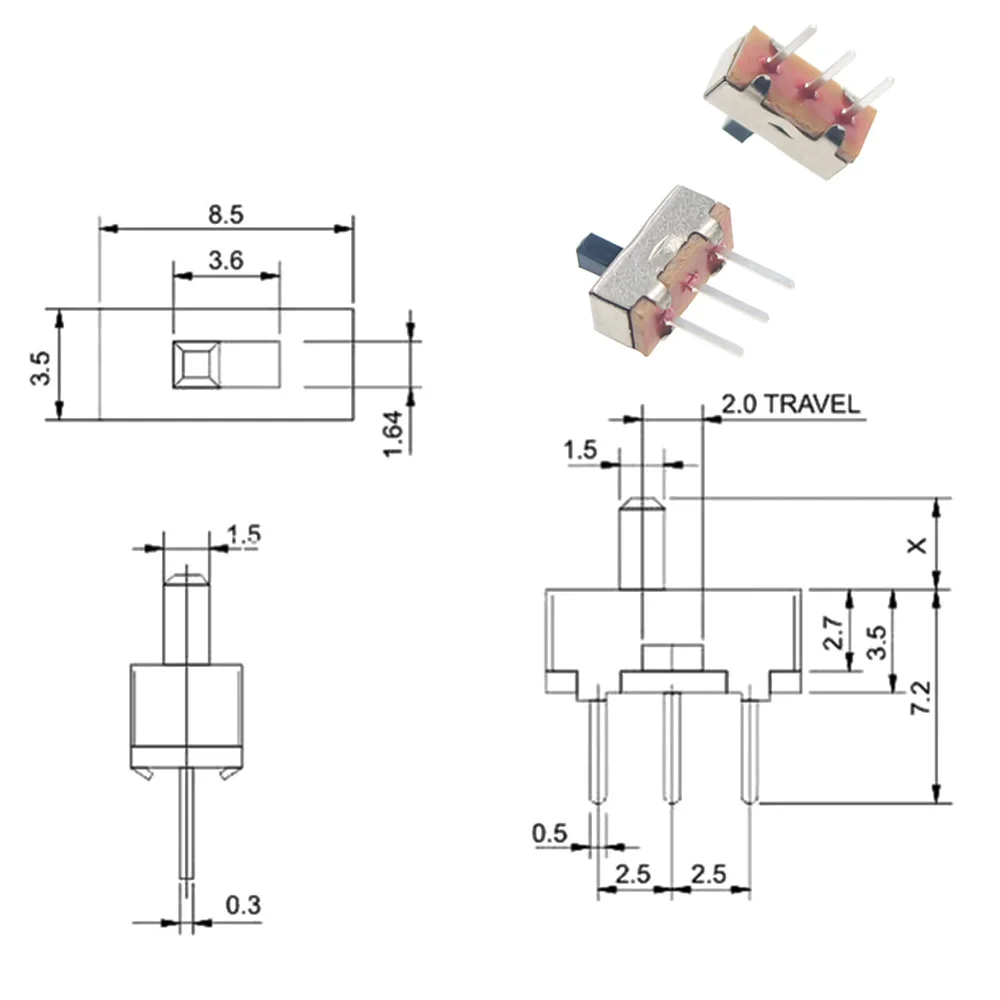 20Pcs SS12D00 Interruptor On-Off Mini Slide Switch 3pin 1P2T 2 Position High Quality Toggle Switch Handle Length:3MM/4MM/5MM/6MM