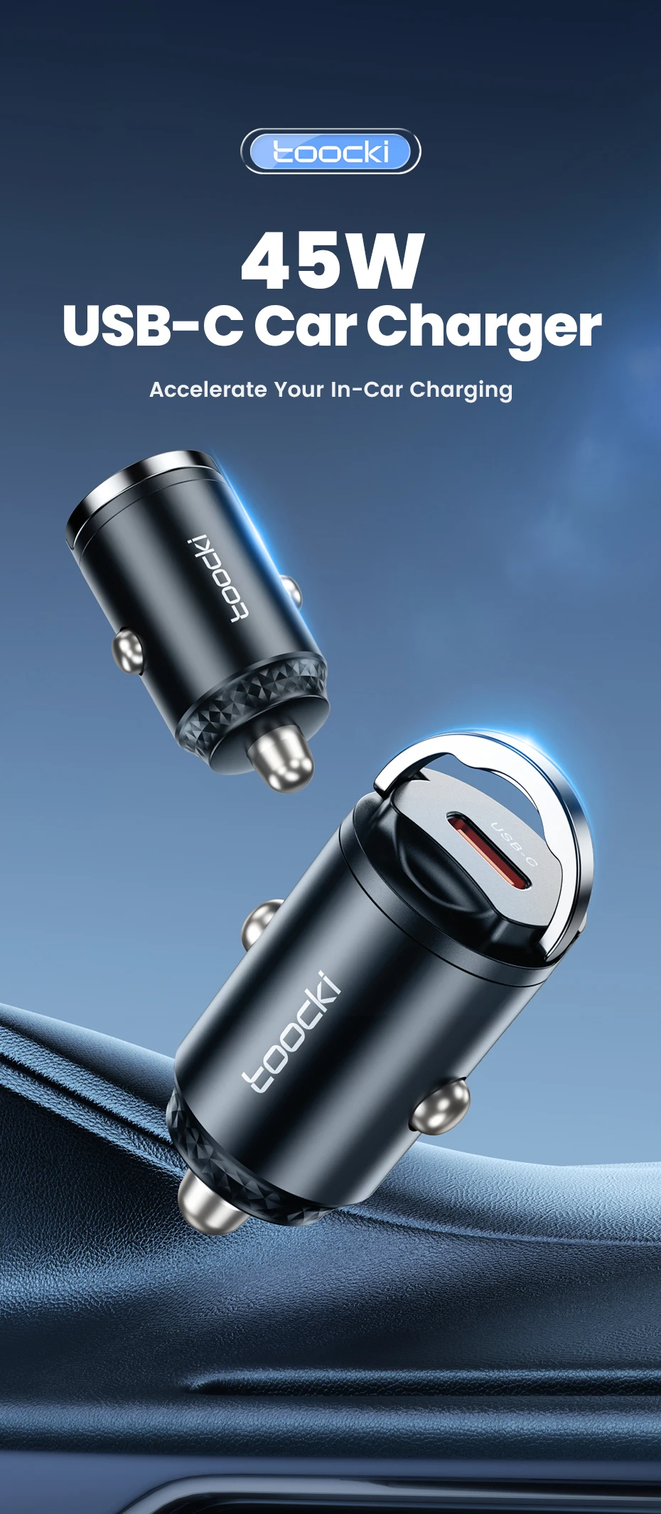 Toocki 45W USB Type C Dual Ports Car Charger Quick Charge 3.0 FCP SCP For iPhone Xiaomi Huawei Samsung Fast Charging Car Charger