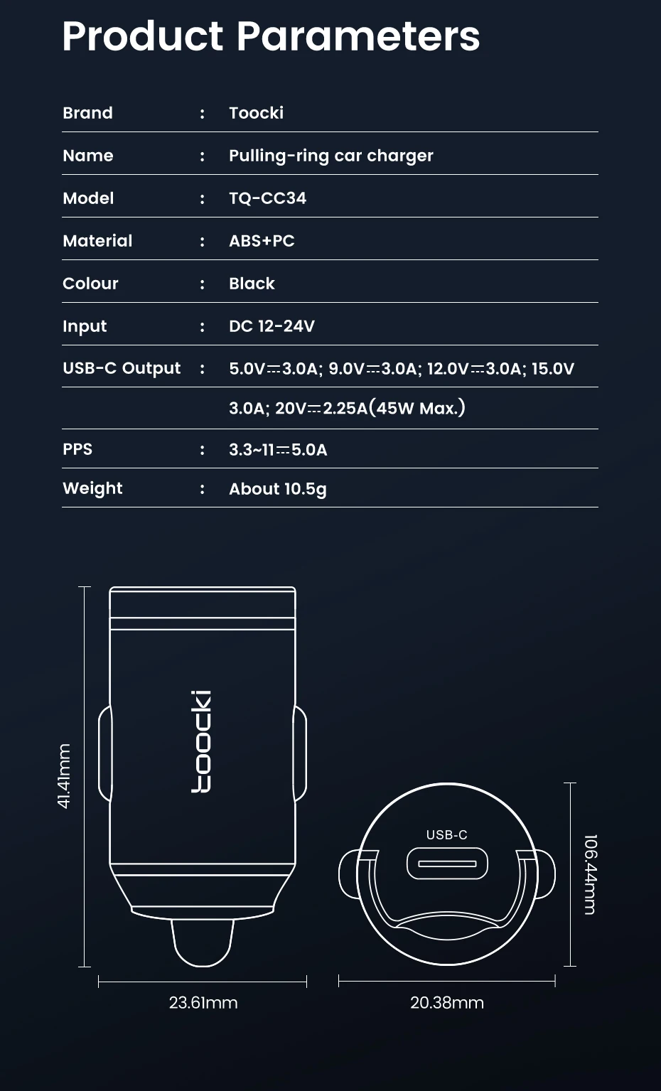 Toocki 45W USB Type C Dual Ports Car Charger Quick Charge 3.0 FCP SCP For iPhone Xiaomi Huawei Samsung Fast Charging Car Charger
