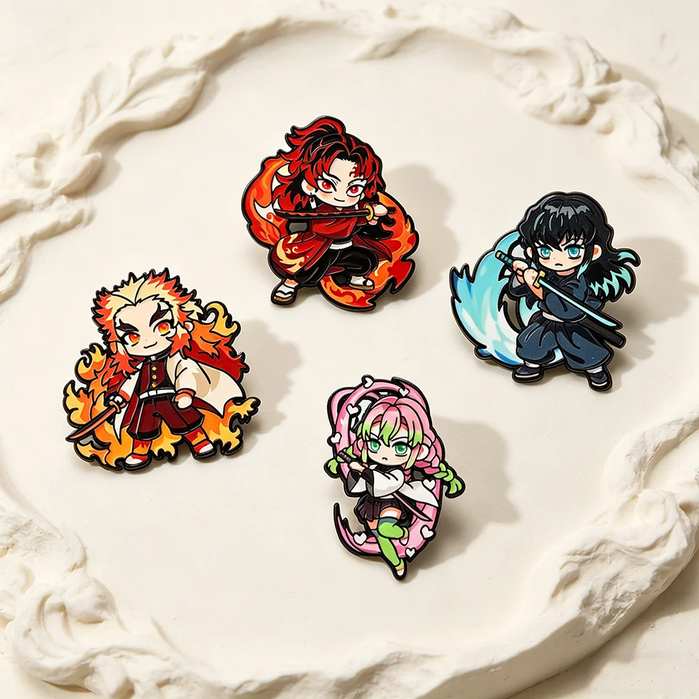 4pcs/Set Demon Slayer Kimetsu No Yaiba Anime Collectible Pins Set Hashira & Yoriichi Enamel Brooches for Backpack Decor