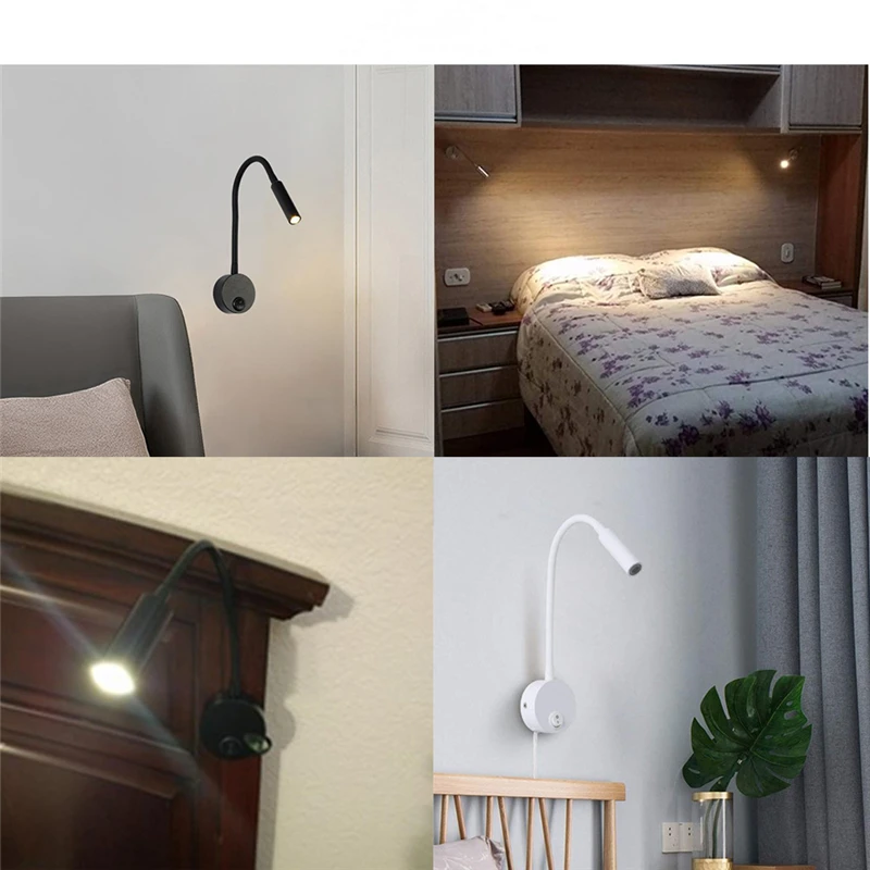 LED Flexible Hose Wall Lamp 1W 3W Book Reading Study Bedside Light Hotel Headboard Flexible Gooseneck Mini Spotlight With Switch