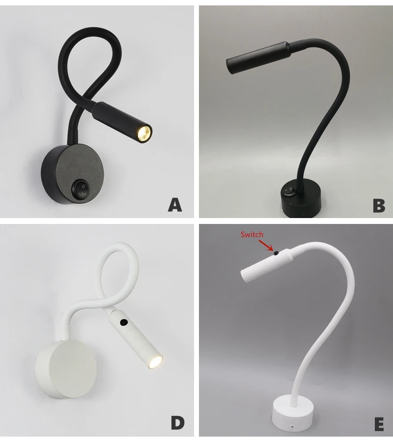 LED Flexible Hose Wall Lamp 1W 3W Book Reading Study Bedside Light Hotel Headboard Flexible Gooseneck Mini Spotlight With Switch