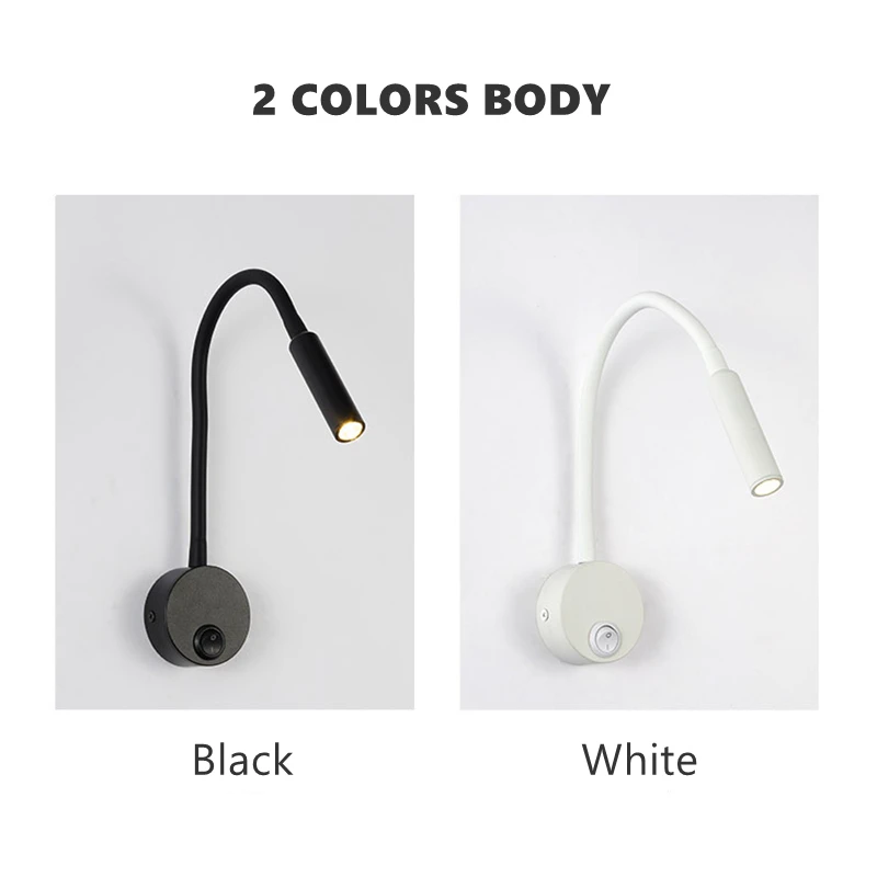 LED Flexible Hose Wall Lamp 1W 3W Book Reading Study Bedside Light Hotel Headboard Flexible Gooseneck Mini Spotlight With Switch