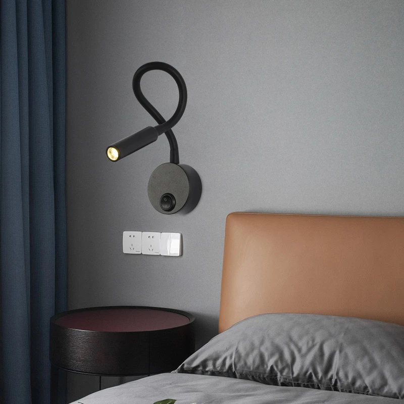LED Flexible Hose Wall Lamp 1W 3W Book Reading Study Bedside Light Hotel Headboard Flexible Gooseneck Mini Spotlight With Switch