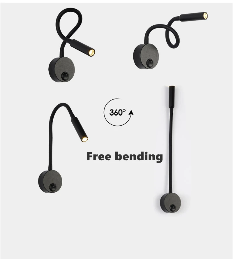 LED Flexible Hose Wall Lamp 1W 3W Book Reading Study Bedside Light Hotel Headboard Flexible Gooseneck Mini Spotlight With Switch
