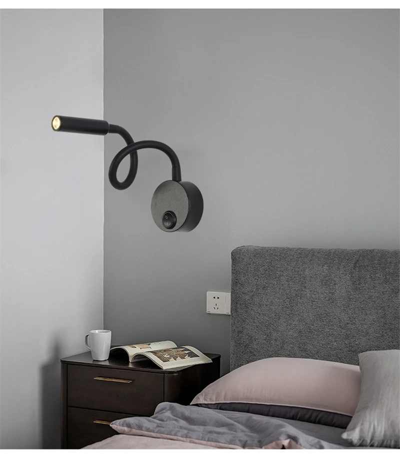LED Flexible Hose Wall Lamp 1W 3W Book Reading Study Bedside Light Hotel Headboard Flexible Gooseneck Mini Spotlight With Switch