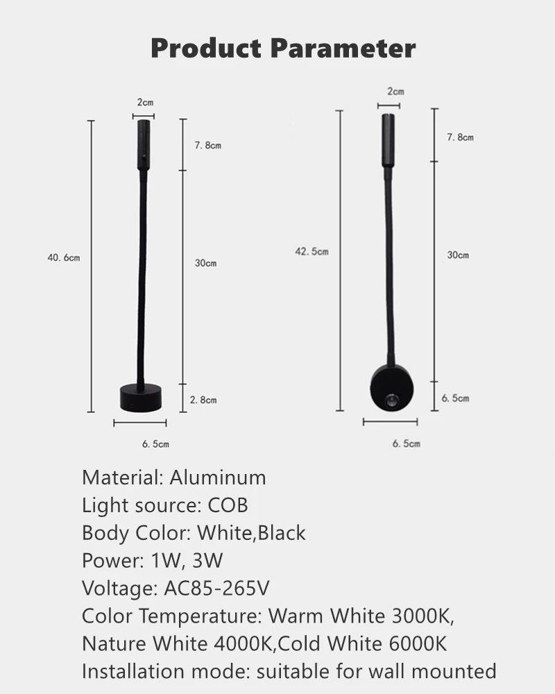 LED Flexible Hose Wall Lamp 1W 3W Book Reading Study Bedside Light Hotel Headboard Flexible Gooseneck Mini Spotlight With Switch