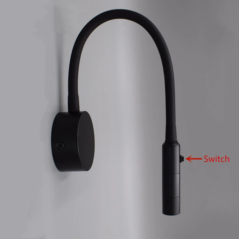 LED Flexible Hose Wall Lamp 1W 3W Book Reading Study Bedside Light Hotel Headboard Flexible Gooseneck Mini Spotlight With Switch