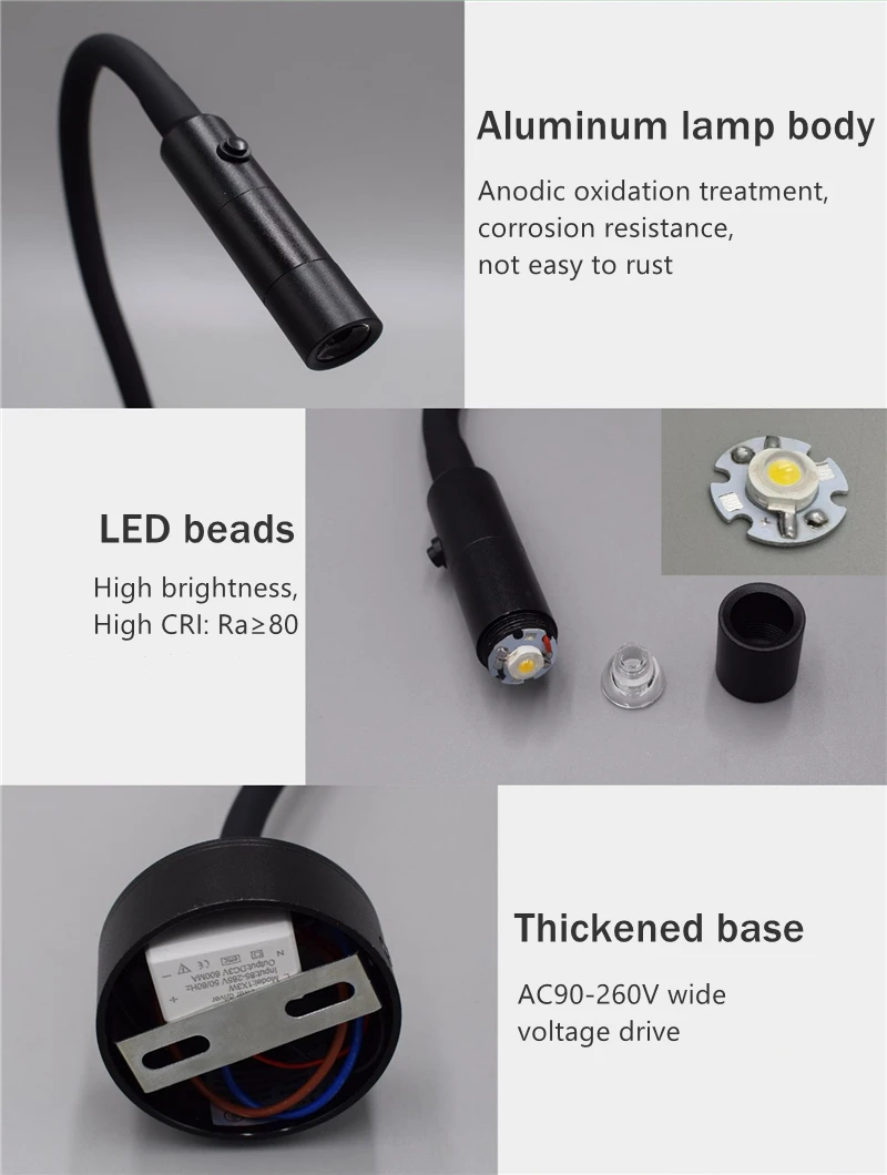 LED Flexible Hose Wall Lamp 1W 3W Book Reading Study Bedside Light Hotel Headboard Flexible Gooseneck Mini Spotlight With Switch