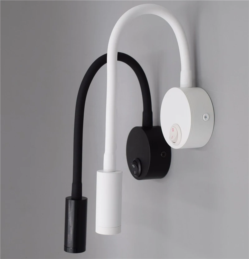LED Flexible Hose Wall Lamp 1W 3W Book Reading Study Bedside Light Hotel Headboard Flexible Gooseneck Mini Spotlight With Switch