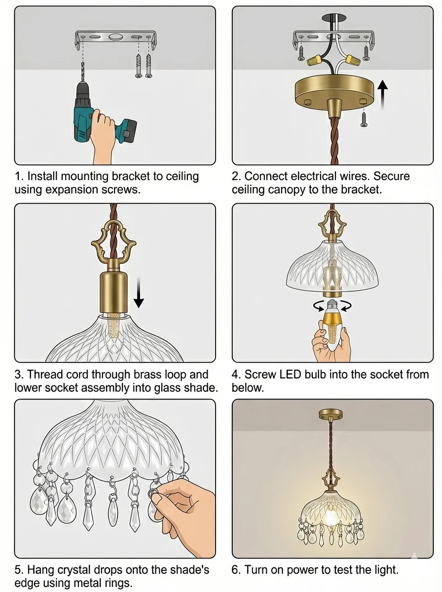 YEBMLP French Retro Glass Hanging Light Indoor LED Luxury Art Chandelier Bedroom Bar Restaurant Table Pendant Lamp With E14 Bulb