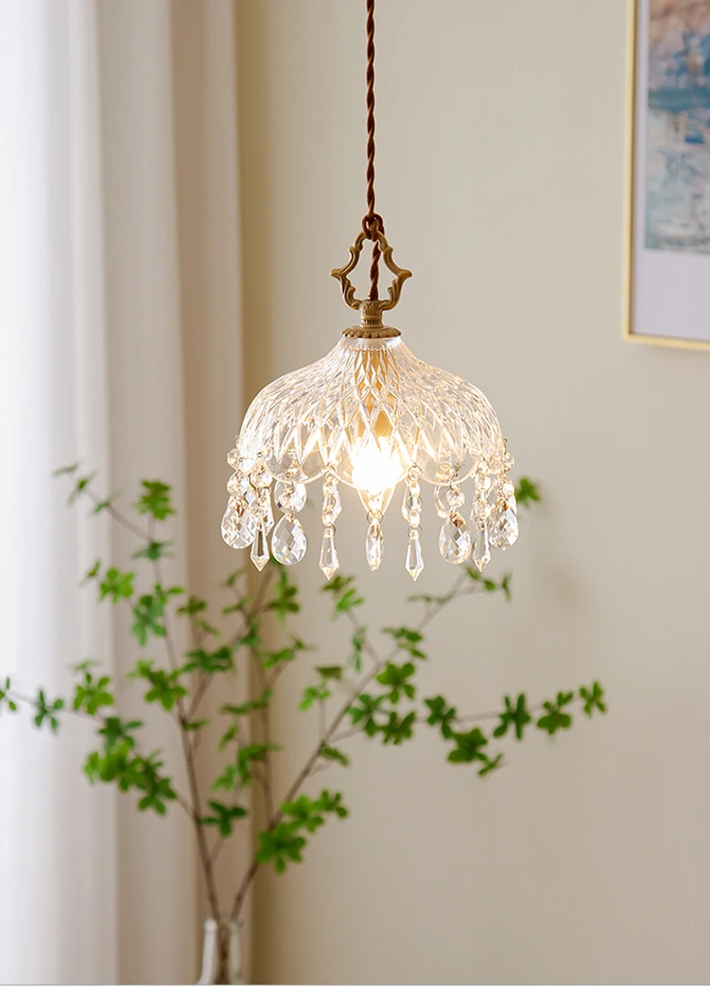 YEBMLP French Retro Glass Hanging Light Indoor LED Luxury Art Chandelier Bedroom Bar Restaurant Table Pendant Lamp With E14 Bulb