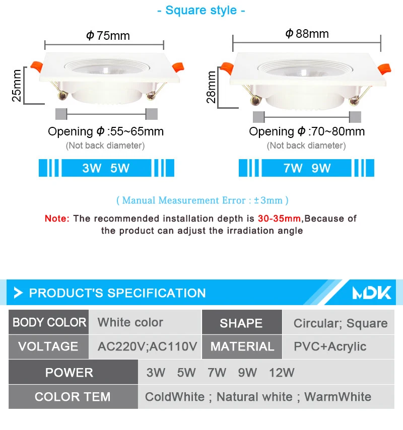 Embedded LED Downlight Angle Adjustable Ceiling Light Spotlights 3W 5W 7W 9W 12W Rotating AC220V 110V Indoor Lighting