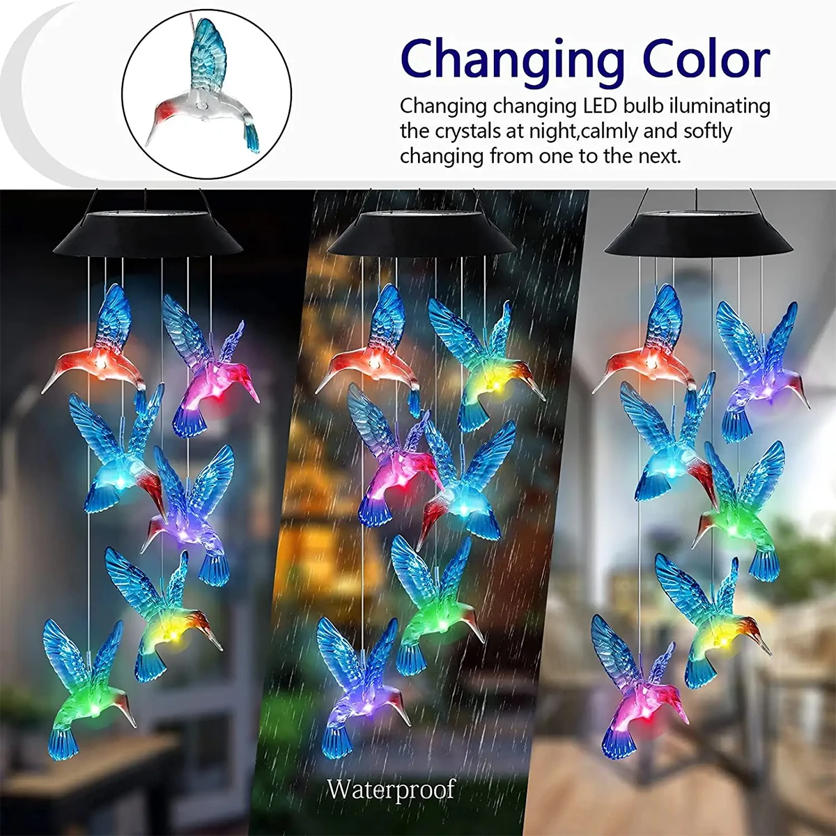 Hummingbird Solar Wind Chime Light LED Outdoor Solar Lantern Waterproof Automatic Changing Color For Home Garden Gift Christmas