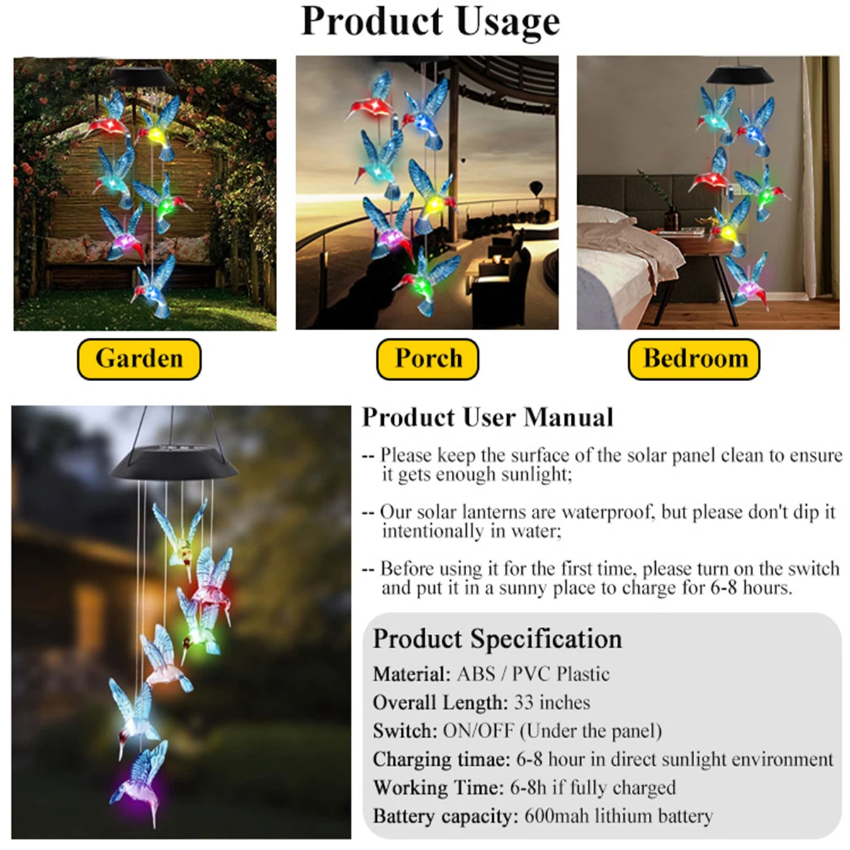 Hummingbird Solar Wind Chime Light LED Outdoor Solar Lantern Waterproof Automatic Changing Color For Home Garden Gift Christmas