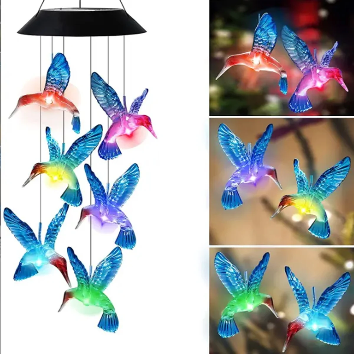 Hummingbird Solar Wind Chime Light LED Outdoor Solar Lantern Waterproof Automatic Changing Color For Home Garden Gift Christmas