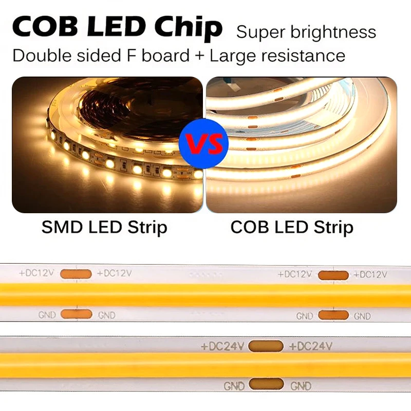 5/10m Super Bright FOB Single Color COB LED Strip Light Flexible 8MM PCB Width Neon Tape 12V 24V For Kitchen Cabinet Room Decor