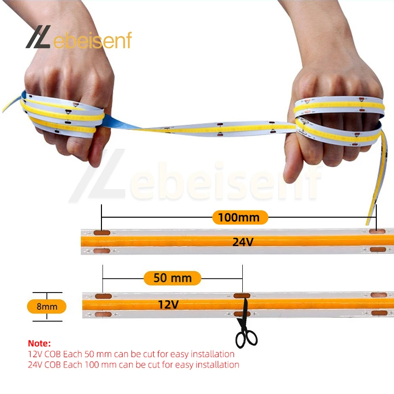 5/10m Super Bright FOB Single Color COB LED Strip Light Flexible 8MM PCB Width Neon Tape 12V 24V For Kitchen Cabinet Room Decor