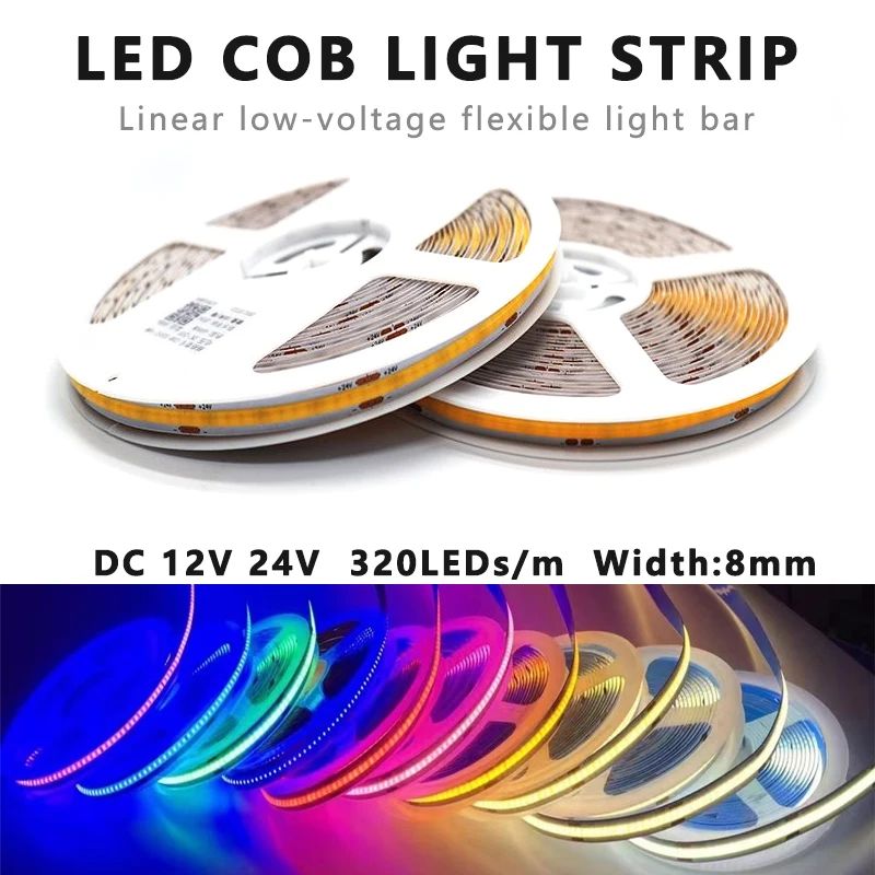 5/10m Super Bright FOB Single Color COB LED Strip Light Flexible 8MM PCB Width Neon Tape 12V 24V For Kitchen Cabinet Room Decor