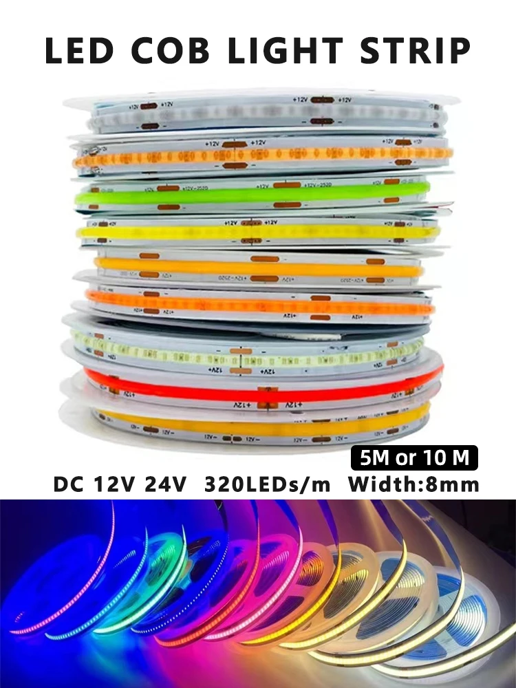 5/10m Super Bright FOB Single Color COB LED Strip Light Flexible 8MM PCB Width Neon Tape 12V 24V For Kitchen Cabinet Room Decor