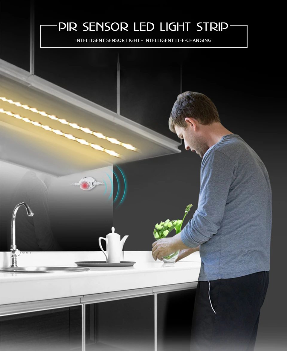 Motion Sensor Under Cabinet Lights Cupboard Kitchen Bed Emergency Night Light Flexible LED Strip DC 12V US EU Power Adapter