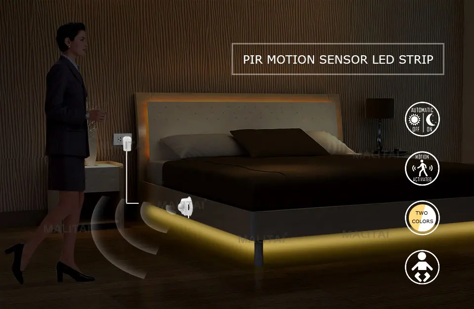 1-5m PIR Motion Sensor LED Strip Lights DC 12V Diode Tape Waterproof Auto On/Off Stairs Wardrobe Closet Kitchen Backlight Light