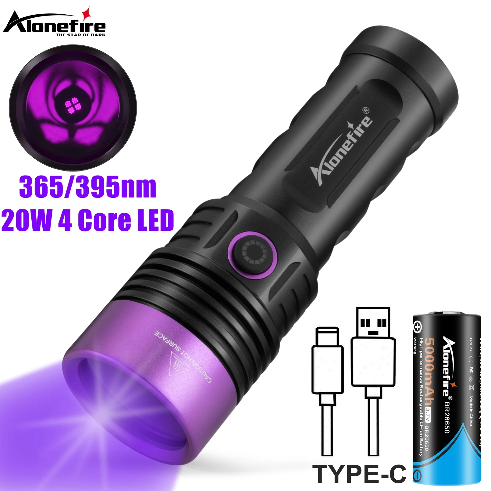 Alonefire SV53 20W 365nm High Power UV Flashlight Ultraviolet Blacklight Detector Money Pet Urine Dry Stains Bed Bug Scorpions
