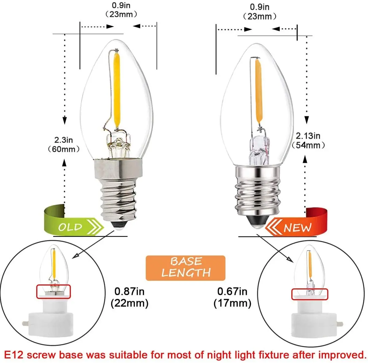 Genixgreen C7 LED Night Light Bulb 0.5W Dimmable E12 E14 Base Warm White 2700K Chandelier Salt Lamp Replacement Mini Candle Bulb