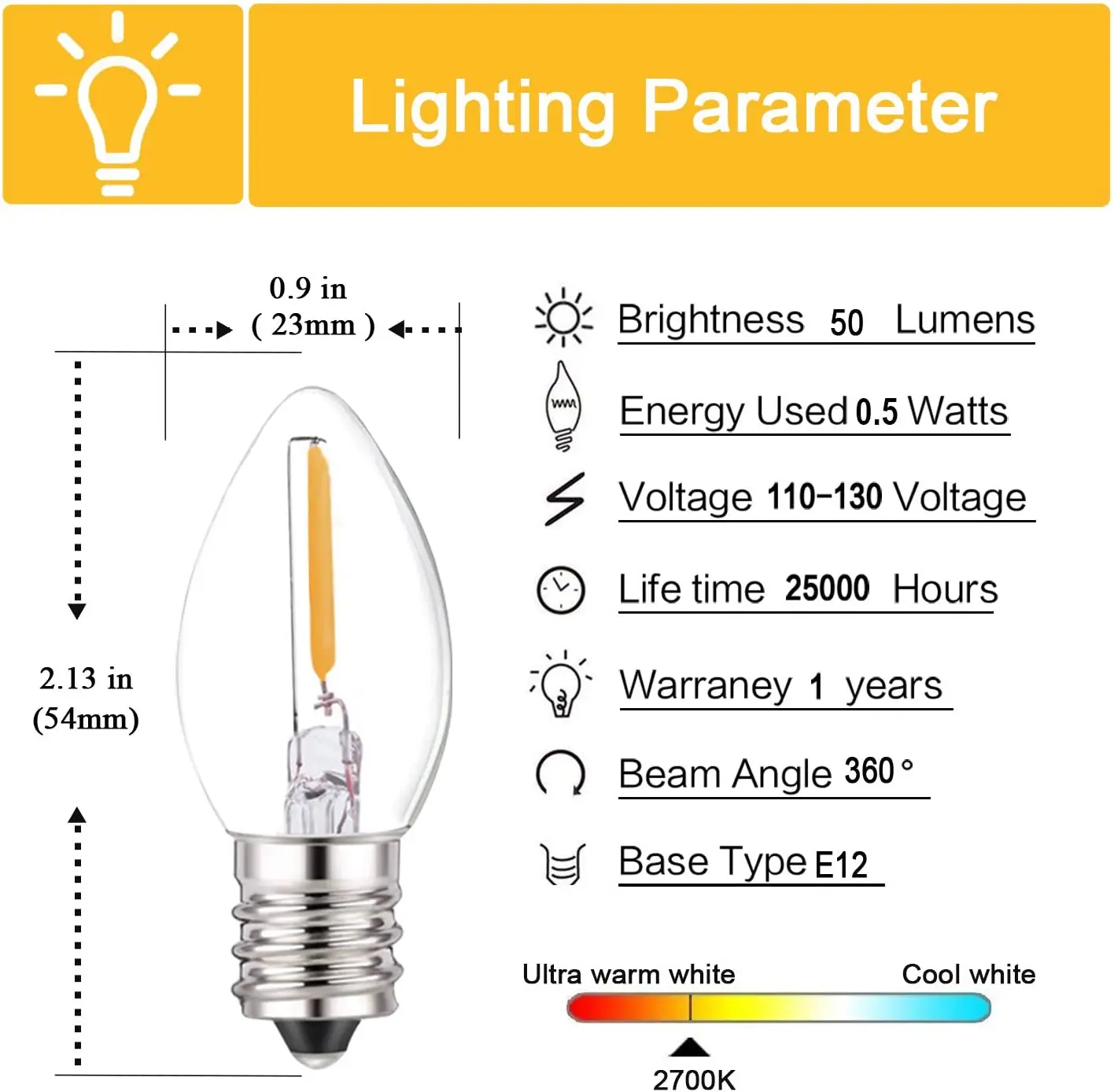 Genixgreen C7 LED Night Light Bulb 0.5W Dimmable E12 E14 Base Warm White 2700K Chandelier Salt Lamp Replacement Mini Candle Bulb