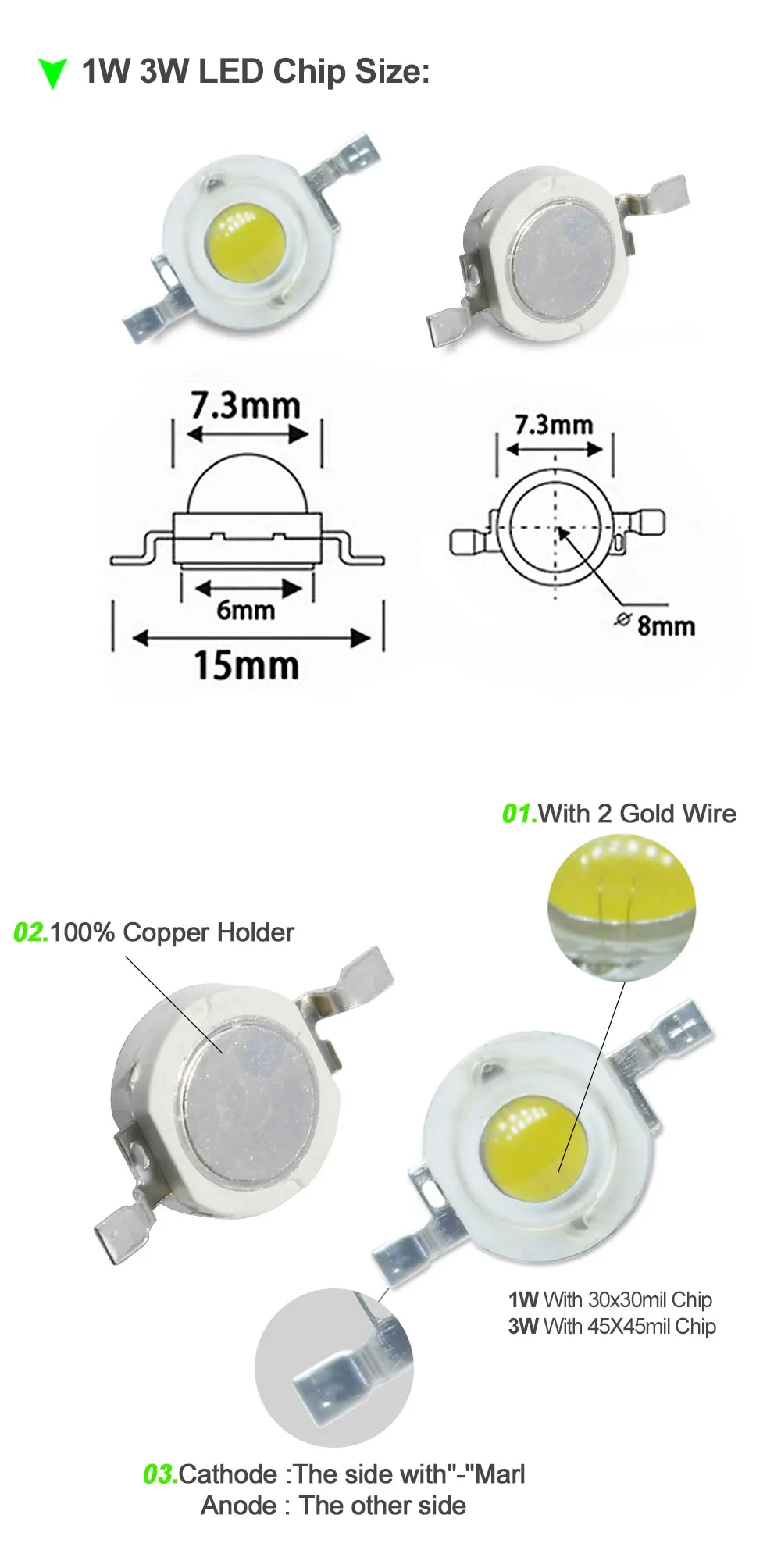 10-1000Pcs High Power LED COB Lamp Chip 1W 3W 3.2-3.6V 110-280LM Bead Warm Cold White Blue Diode For DIY LED Spotlight Downlight