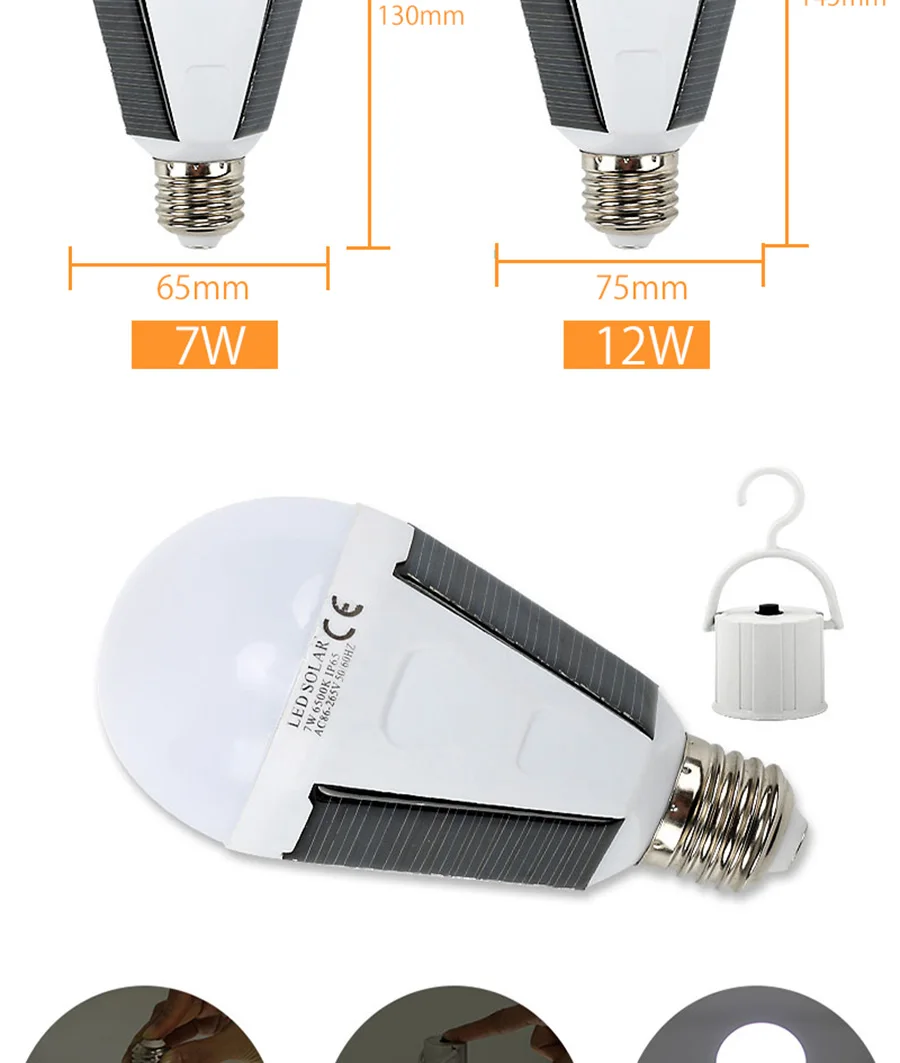 E27 Rechargeable LED Solar Bulb Lamp 7W 12W 85V-265V Outdoor Emergency Solar Powered Bulb Travel Fishing Camping Light Tent lamp