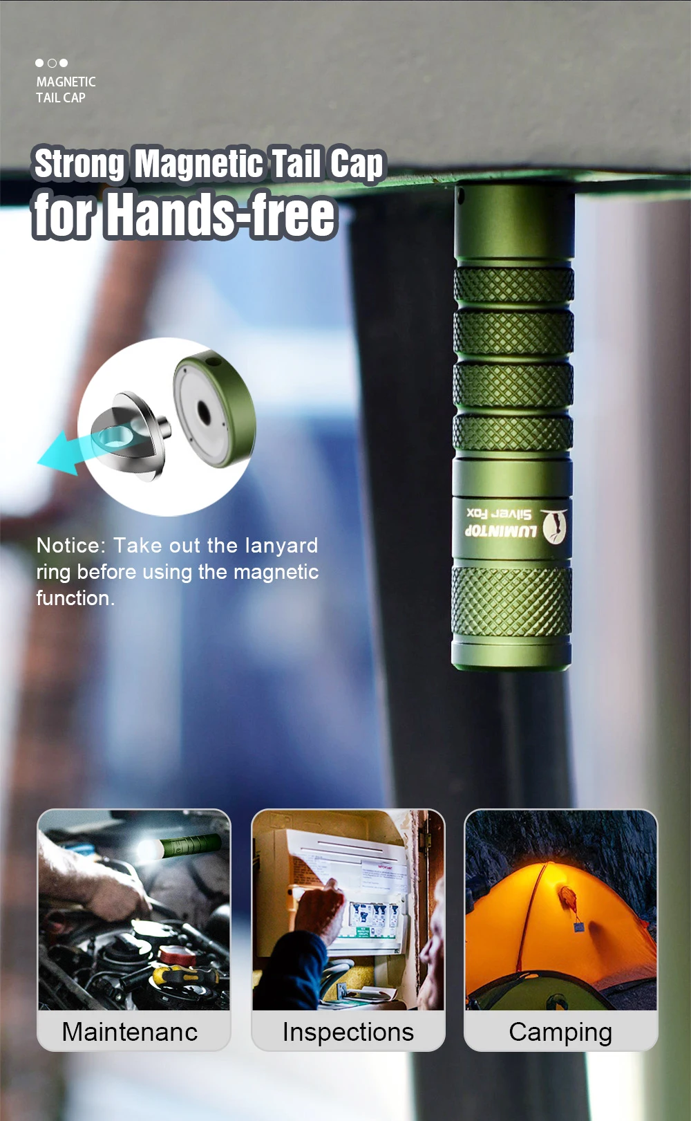 EDC LED Lantern Keychain Flashlight Powerful Magnetic Tail Torch Outdoor Camping Light Lamp Tent Flash Lighting Silver Fox