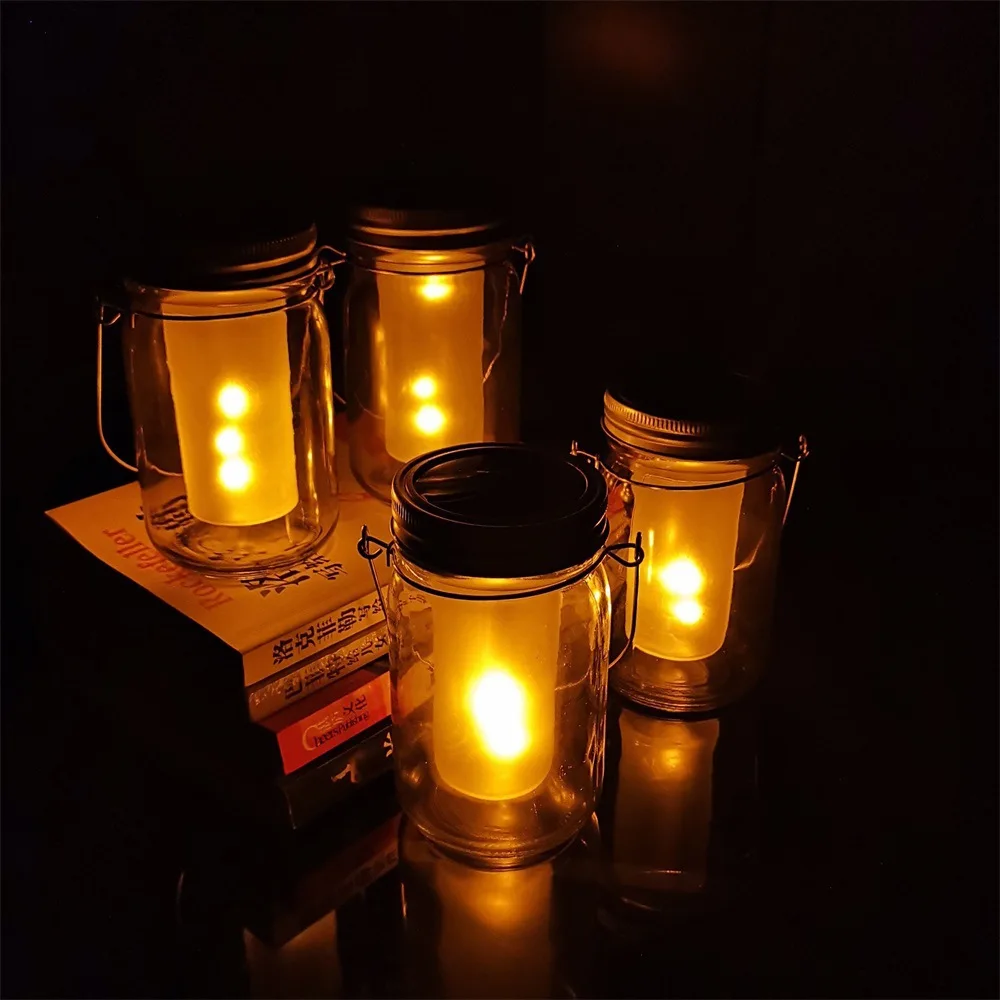 1PCS Solar LED Mason Jar Lit Light Torch Flame Warm LED Garden Outdoor Solar Bottle Lamp Candle Lantern Christmas Decoration