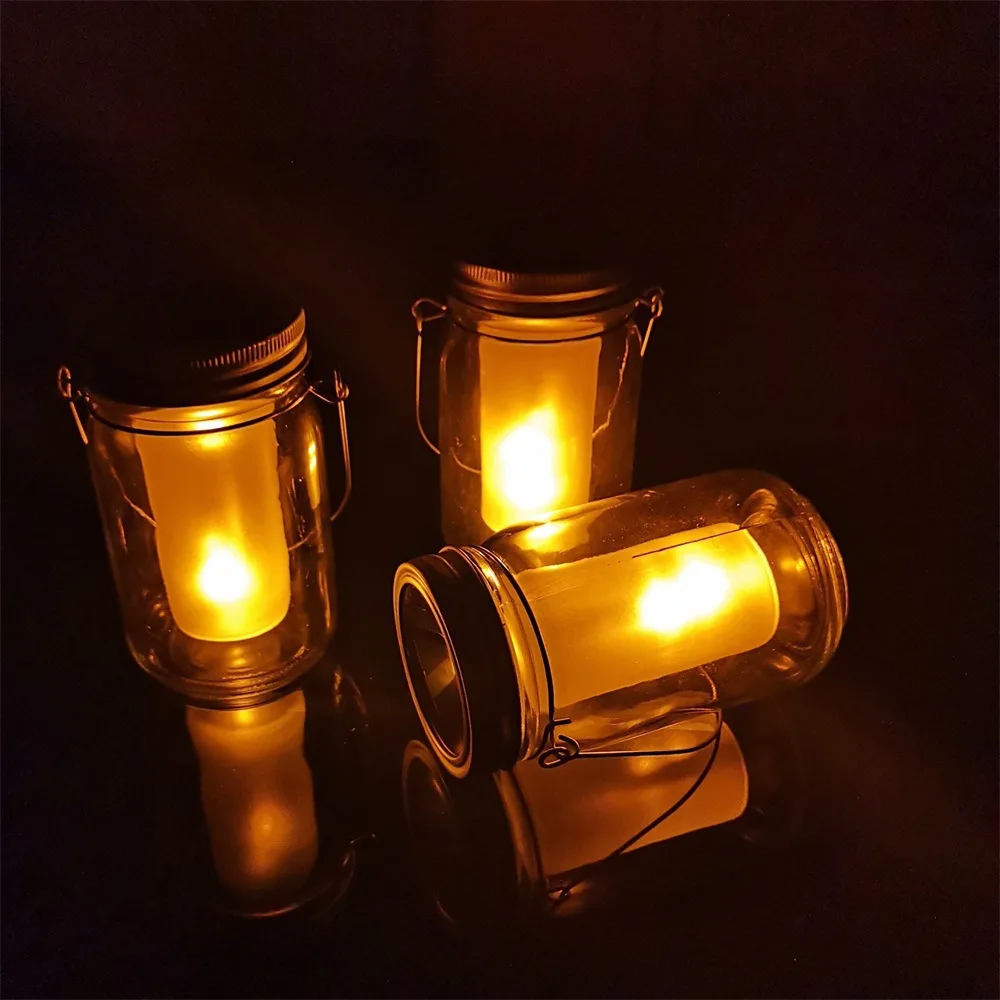 1PCS Solar LED Mason Jar Lit Light Torch Flame Warm LED Garden Outdoor Solar Bottle Lamp Candle Lantern Christmas Decoration