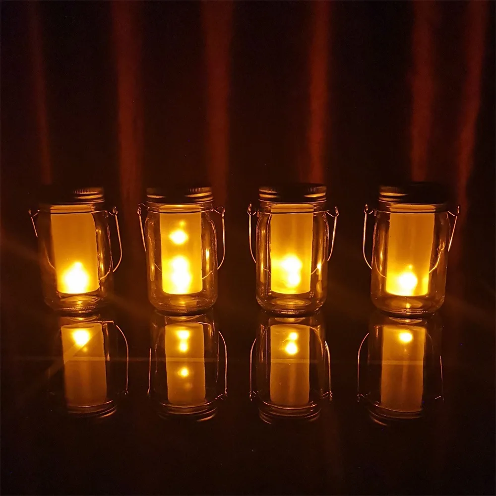 1PCS Solar LED Mason Jar Lit Light Torch Flame Warm LED Garden Outdoor Solar Bottle Lamp Candle Lantern Christmas Decoration