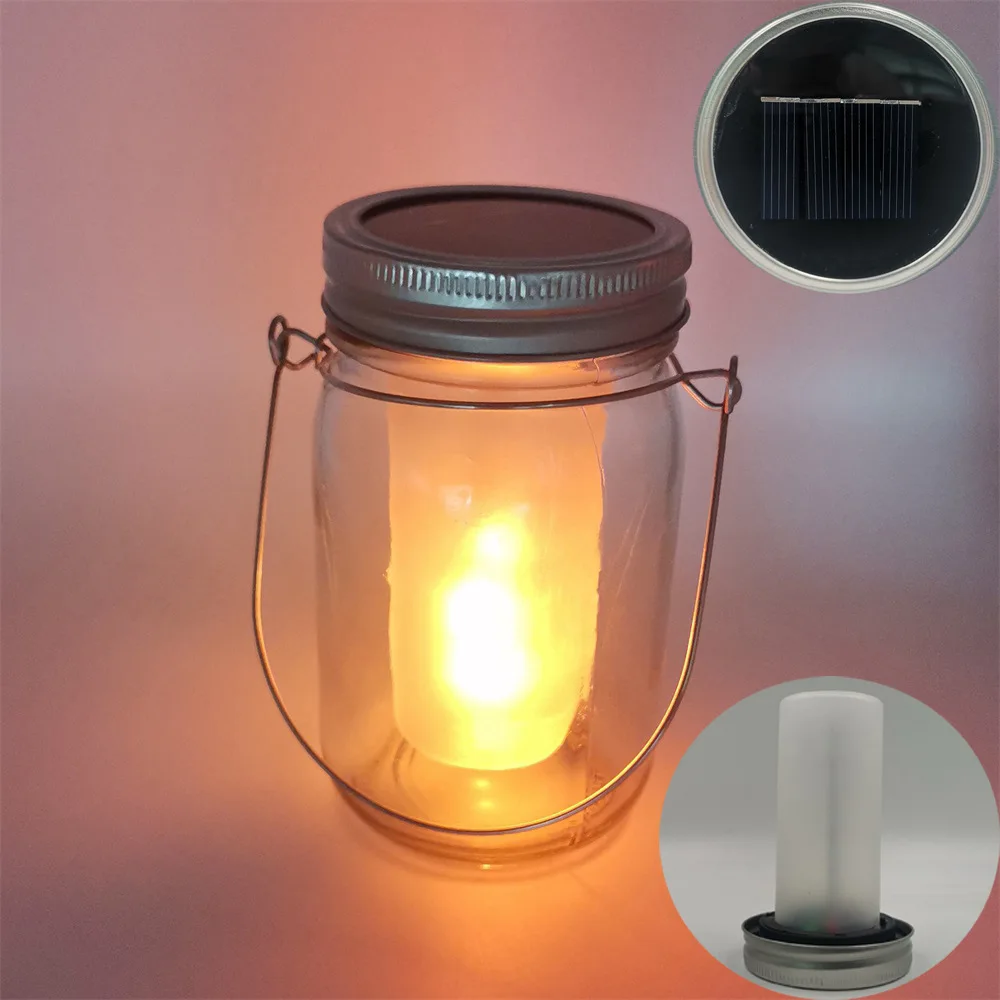 1PCS Solar LED Mason Jar Lit Light Torch Flame Warm LED Garden Outdoor Solar Bottle Lamp Candle Lantern Christmas Decoration